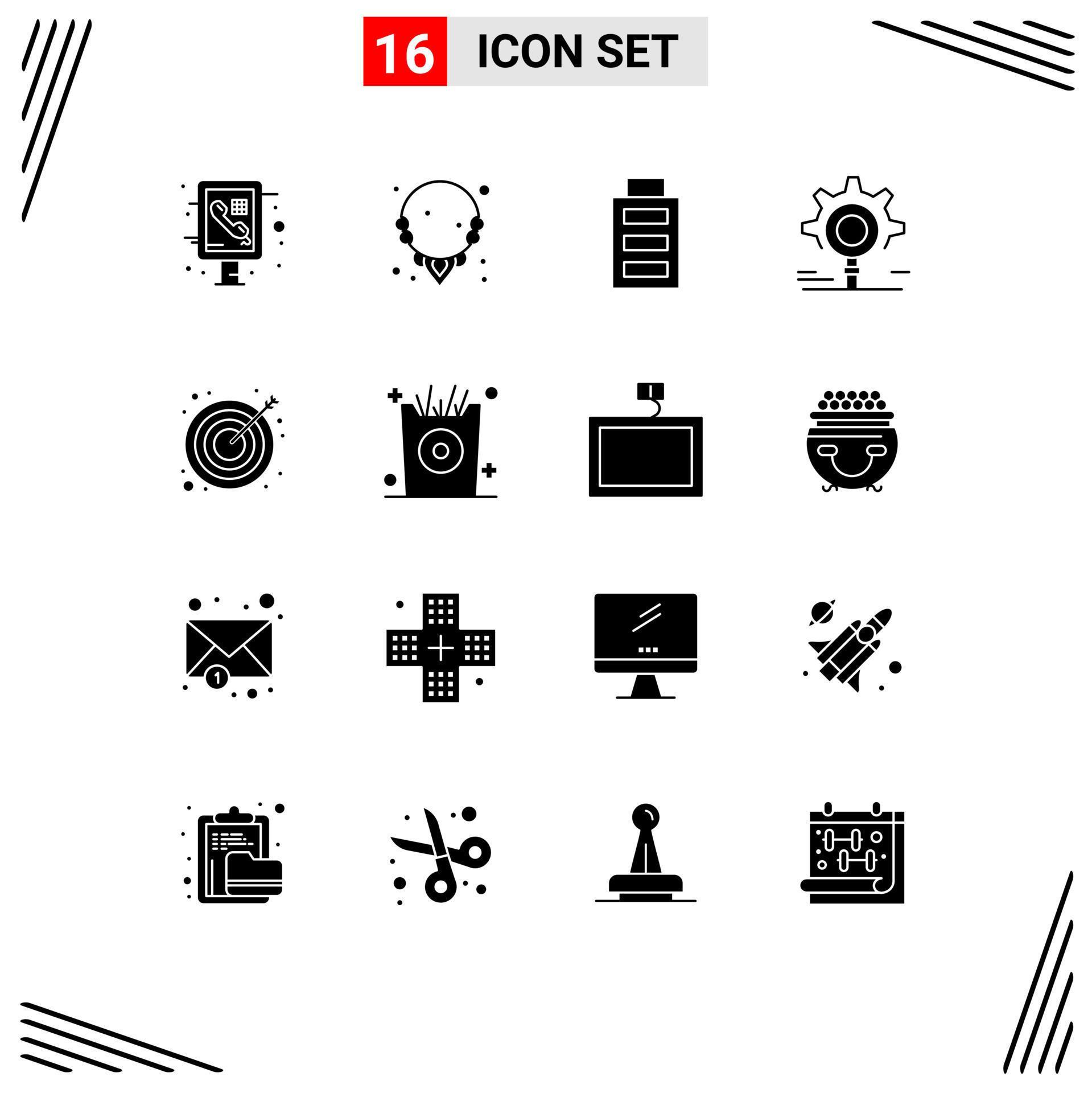 Universal Icon Symbols Group of 16 Modern Solid Glyphs of target arrow battery setting research Editable Vector Design Elements Stock Free