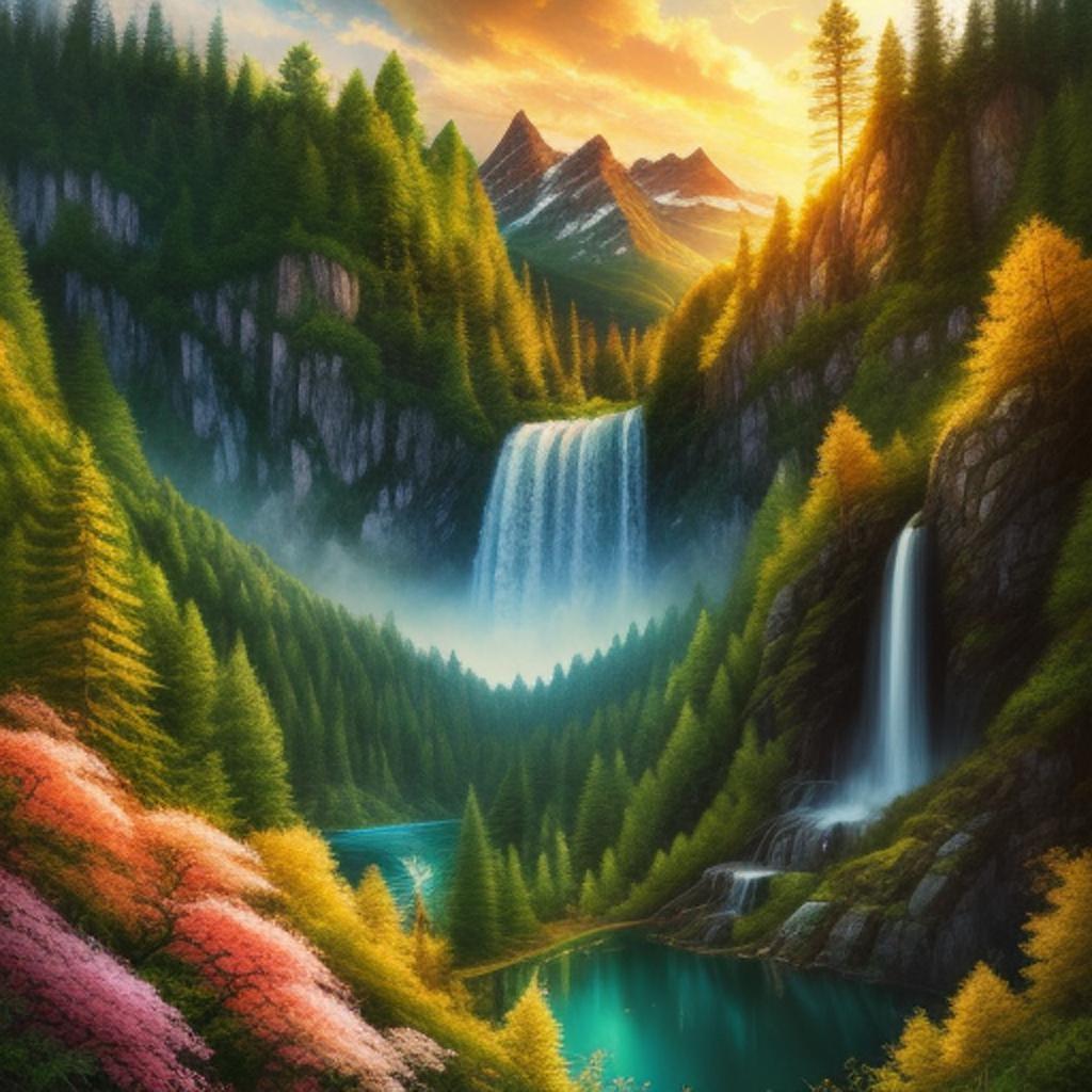 An insanely trees,flowers,falling waterfall,backround by @ai_generated