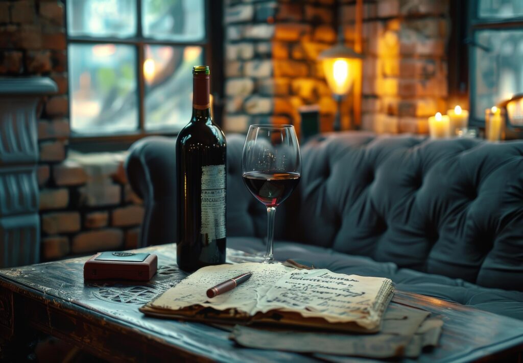 A Glass of Red Wine on a Rustic Table With Brick Wall Background Stock Free