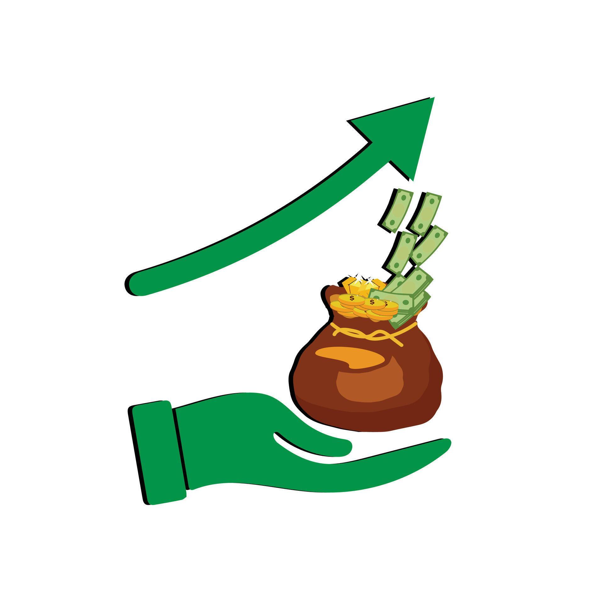 Money bag chart increase, business graph arrow up growth investment. Chart finance income increase growing. vector illustration flat design. Stock Free