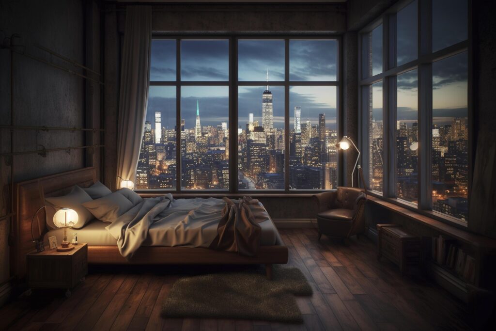 illustration of luxury penthouse bedroom at night Stock Free