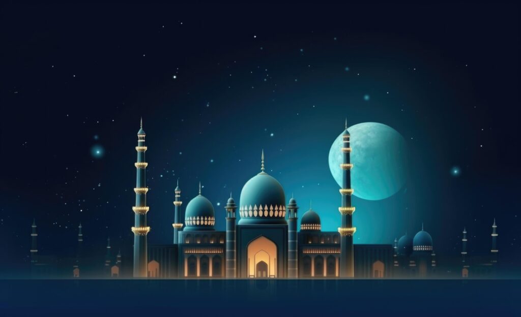 Mosques dome on dark blue twilight sky and crescent moon on background Illustration Stock Free