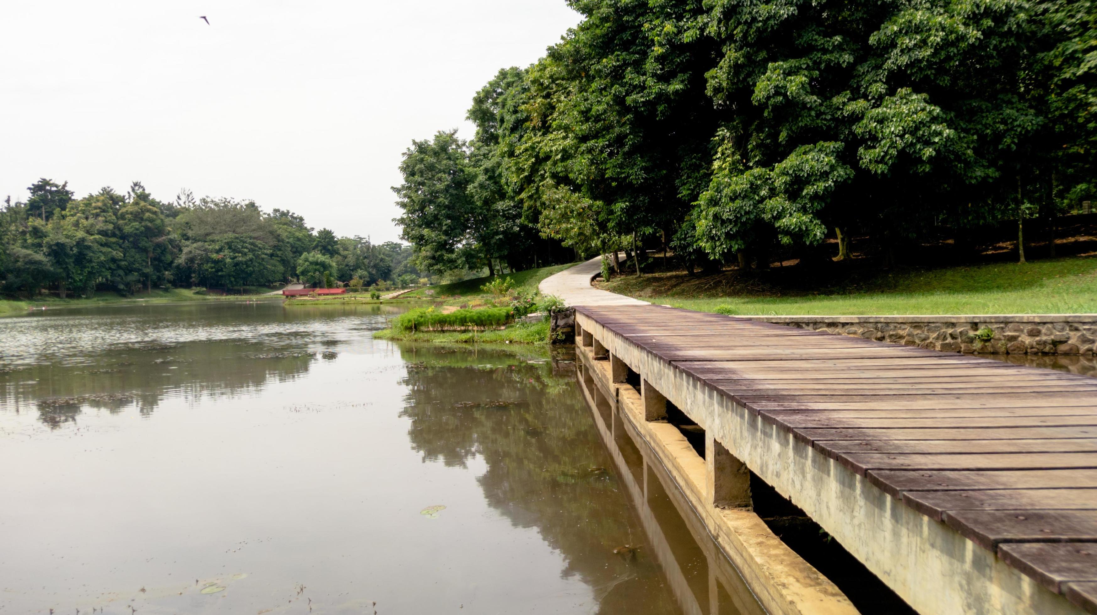 beautiful natural lanscape scenery, lake with wooden bridge, nature wallpaper, landscape background Stock Free