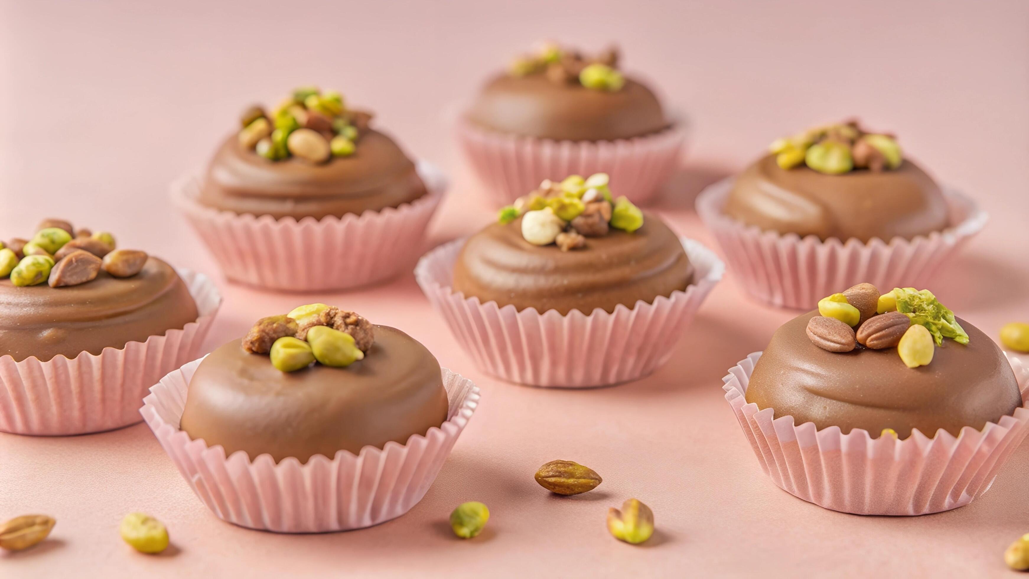 Chocolate truffles pistachio dessert candy food on the pink background Stock Free