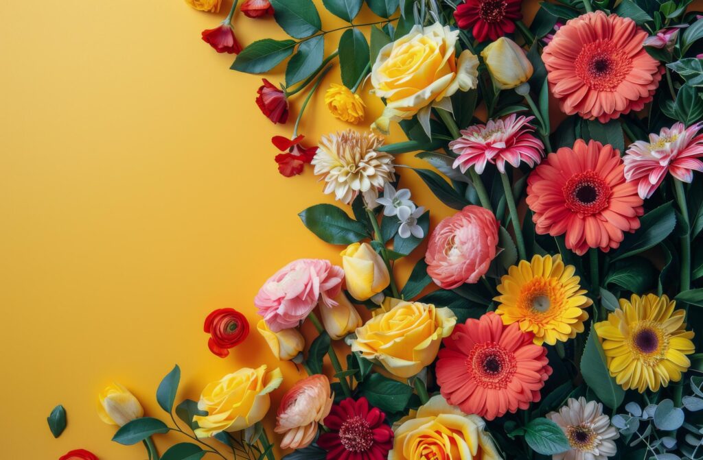 Colorful Spring Flowers Arranged on a Yellow Background Stock Free