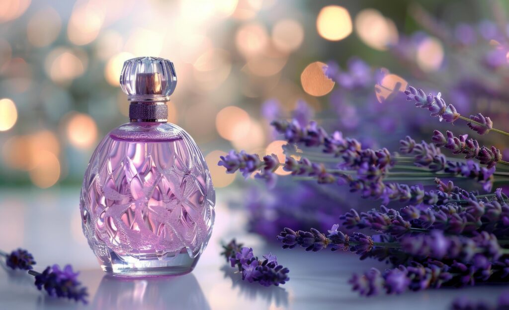 A Bottle of Lavender Perfume on a White Surface With a Bokeh Background Stock Free