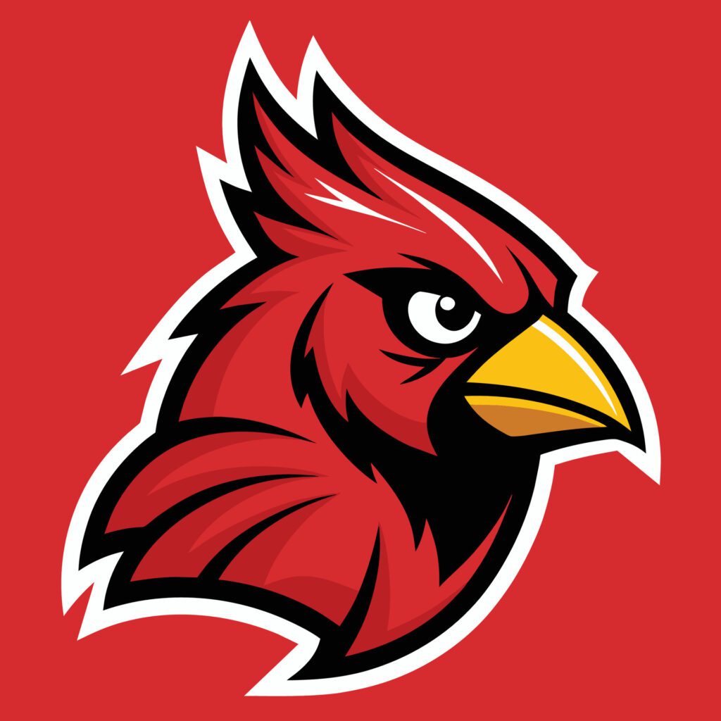 A red bird with a yellow beak standing on a solid red background, Design a Cardinal Bird Sport Mascot Logo and Red Bird Animals Logo Free Vector