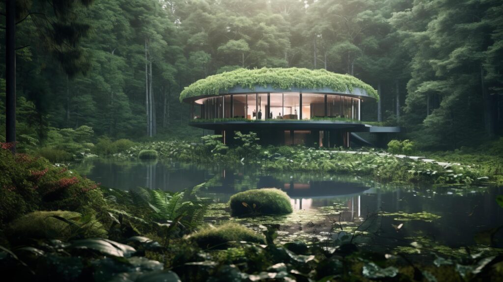 Form of a house-shaped pond located in a lush forest Illustration Stock Free