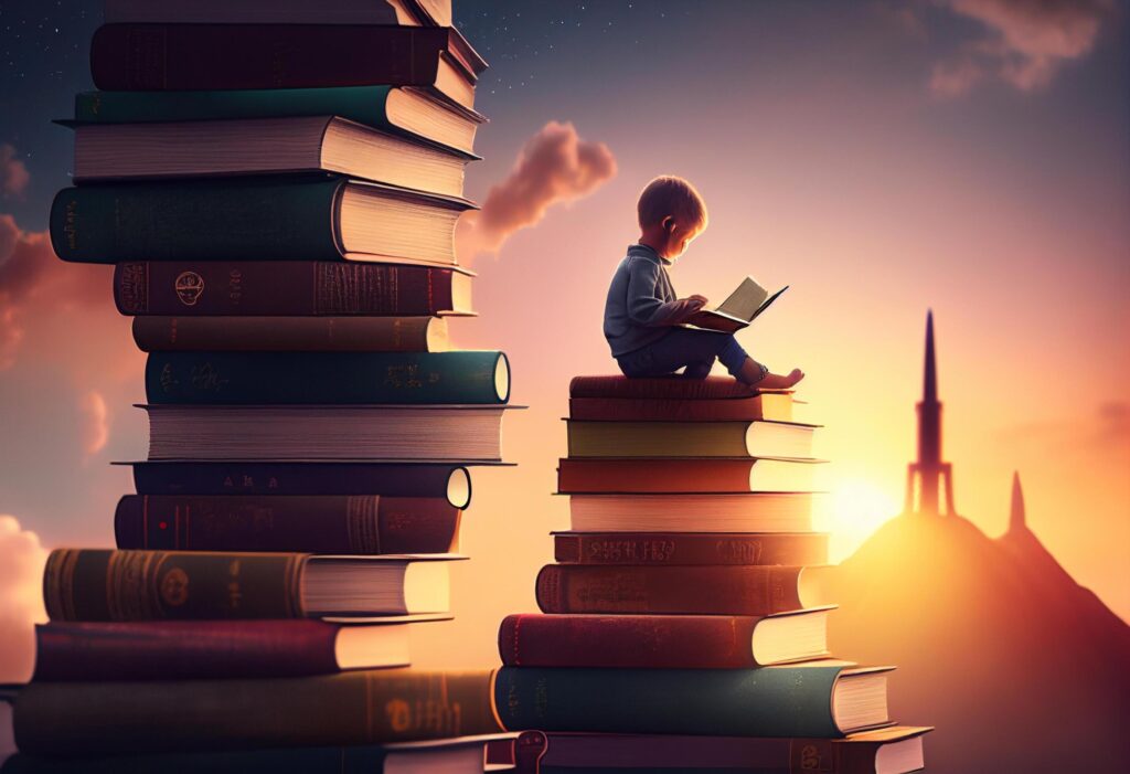 Little boy sitting on top of a pile of books. Education concept Stock Free