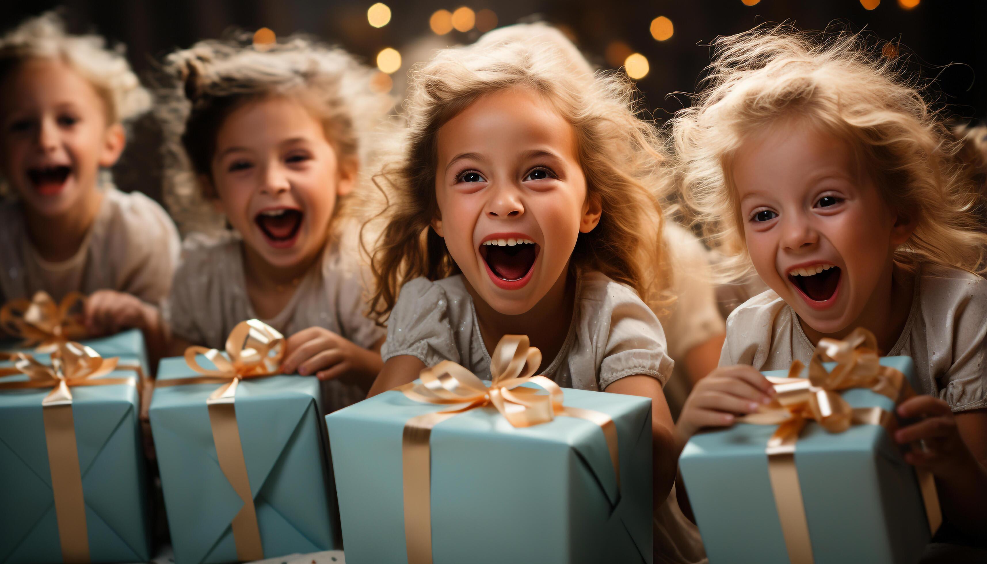 AI generated Smiling girls opening gift, celebrating birthday with joyful family generated by AI Stock Free