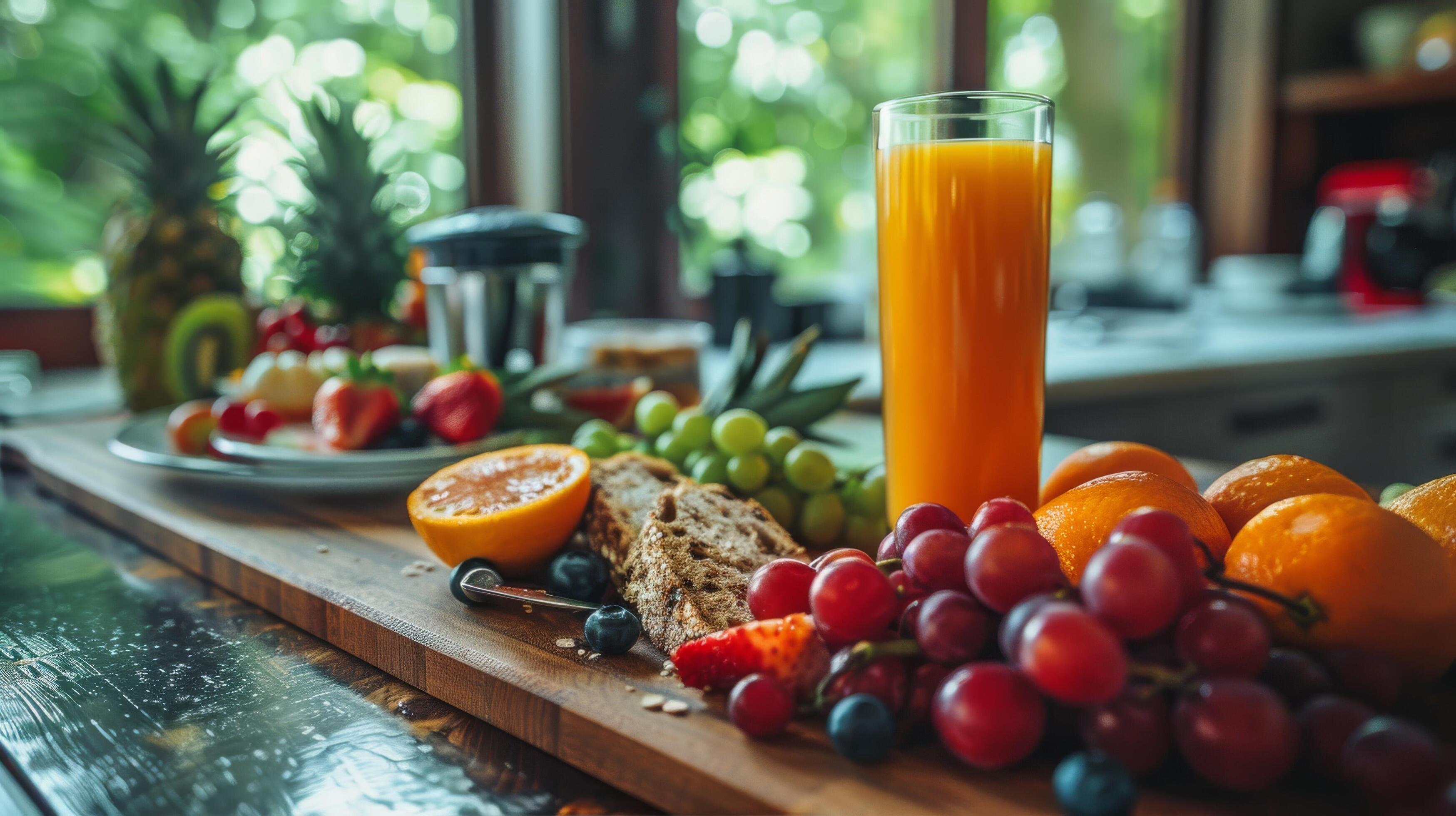 Wooden Table With Fruits and Glass of Orange Juice Stock Free