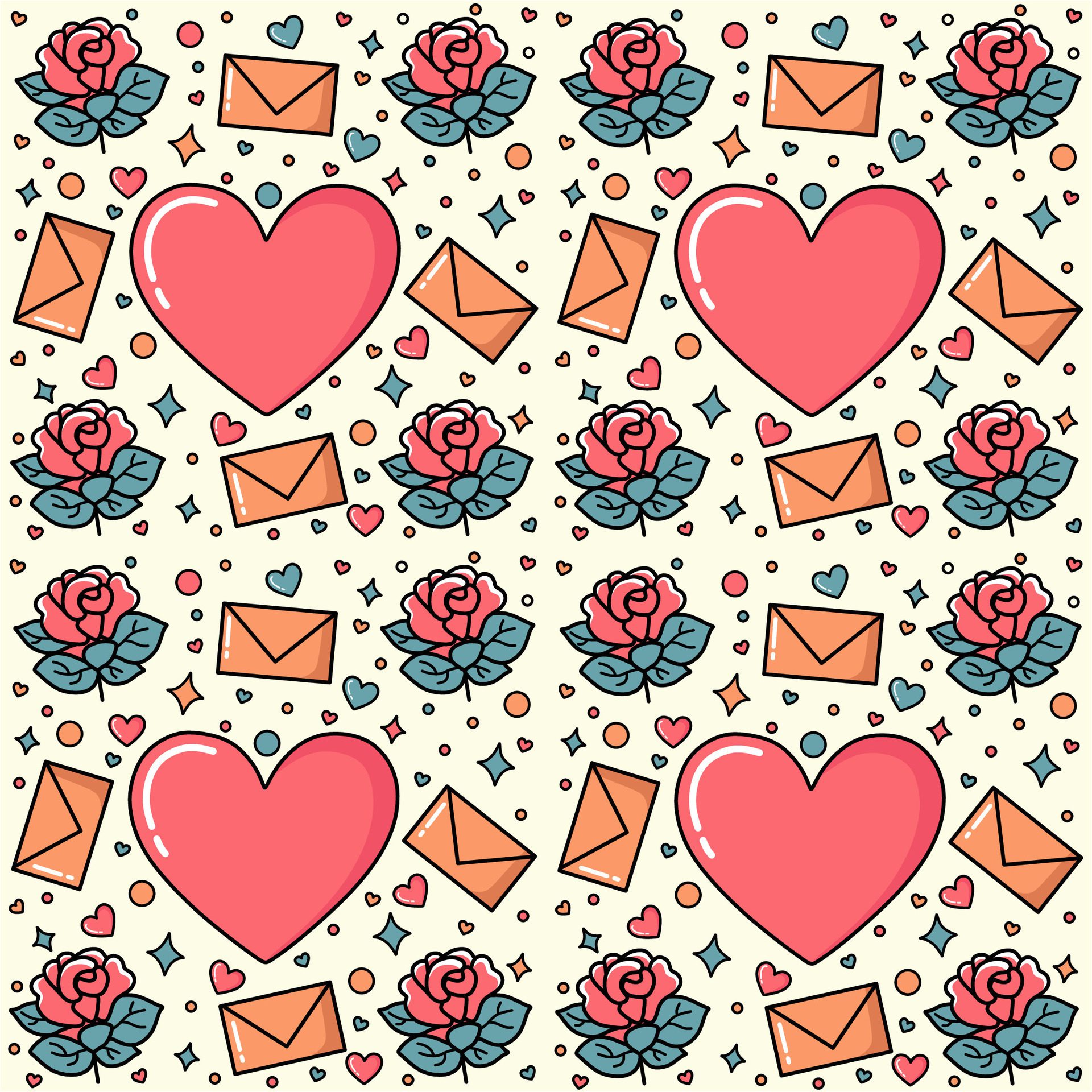 Romantic Whimsy, Pink, Blue, and Orange Rose Illustration Pattern on Cream Background Free Vector