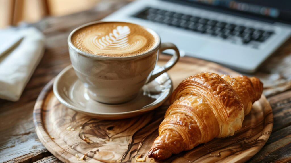 Two Freshly Baked Croissants and a Cup of Latte on a Wooden Tray With a Laptop in the Background Stock Free