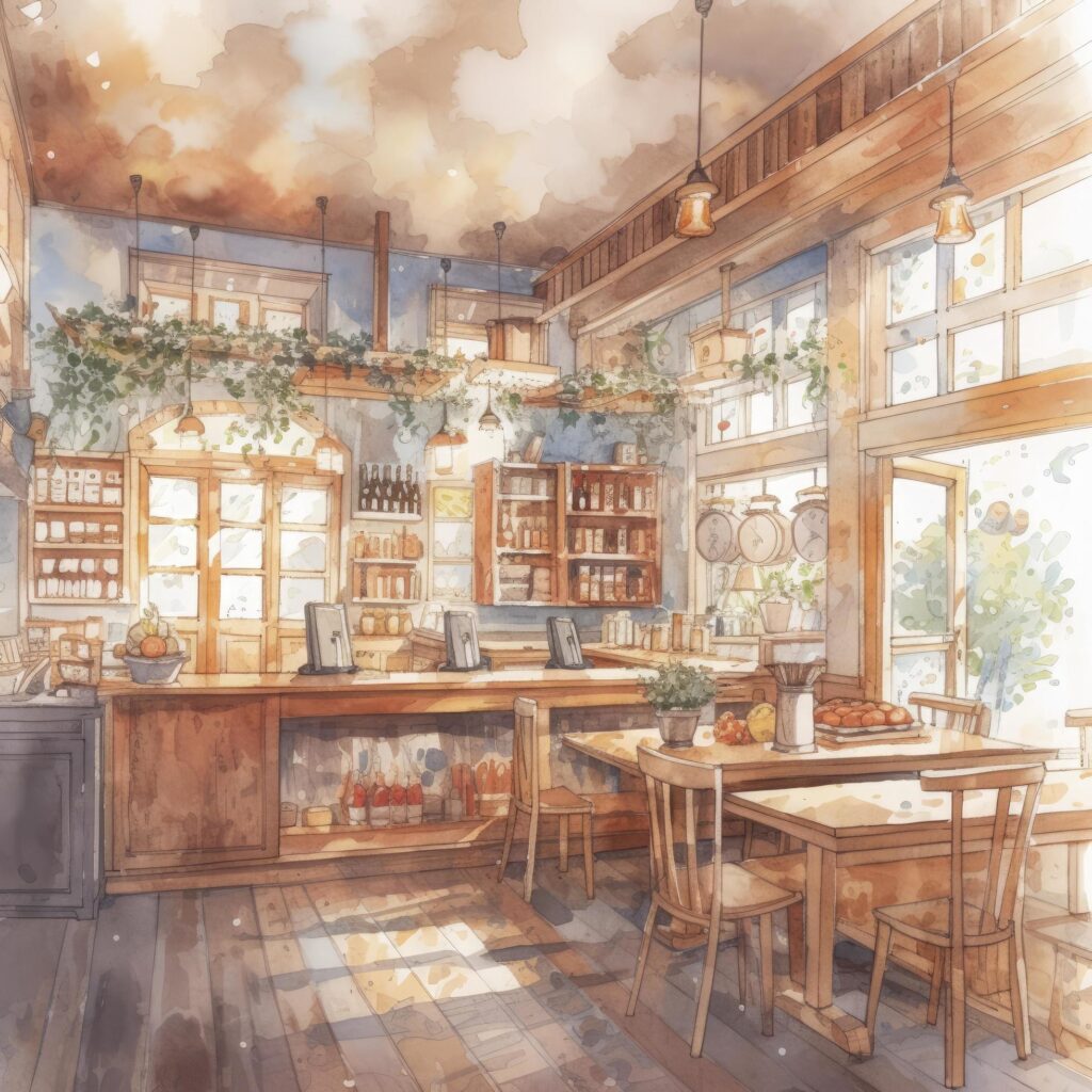 light watercolor, interior of a cozy cafe on white background, Generate Ai Stock Free