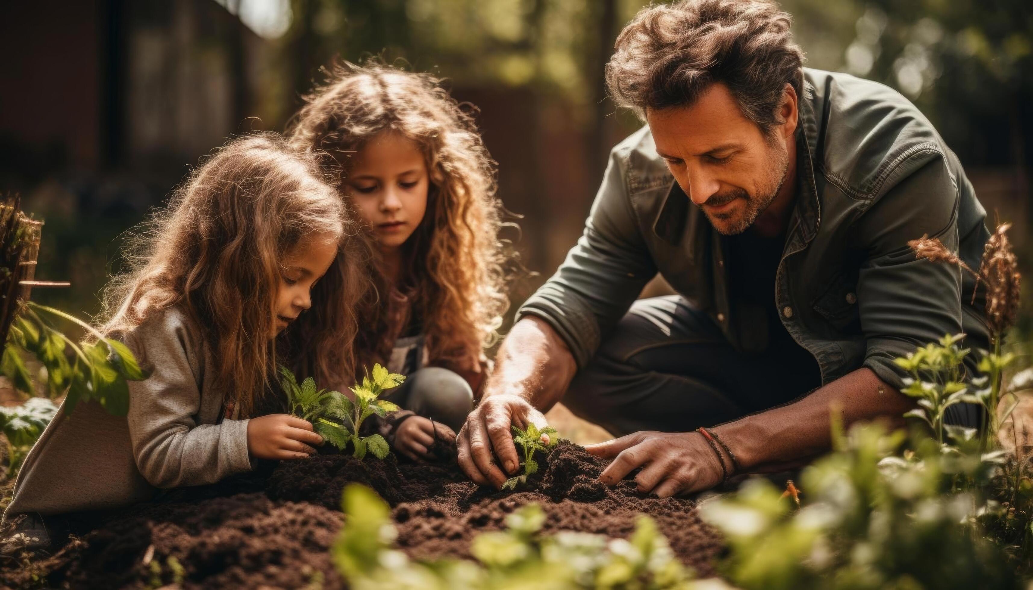 A family gardening together in their backyard, planting flowers and vegetables, representing a sustainable and connected lifestyle Stock Free