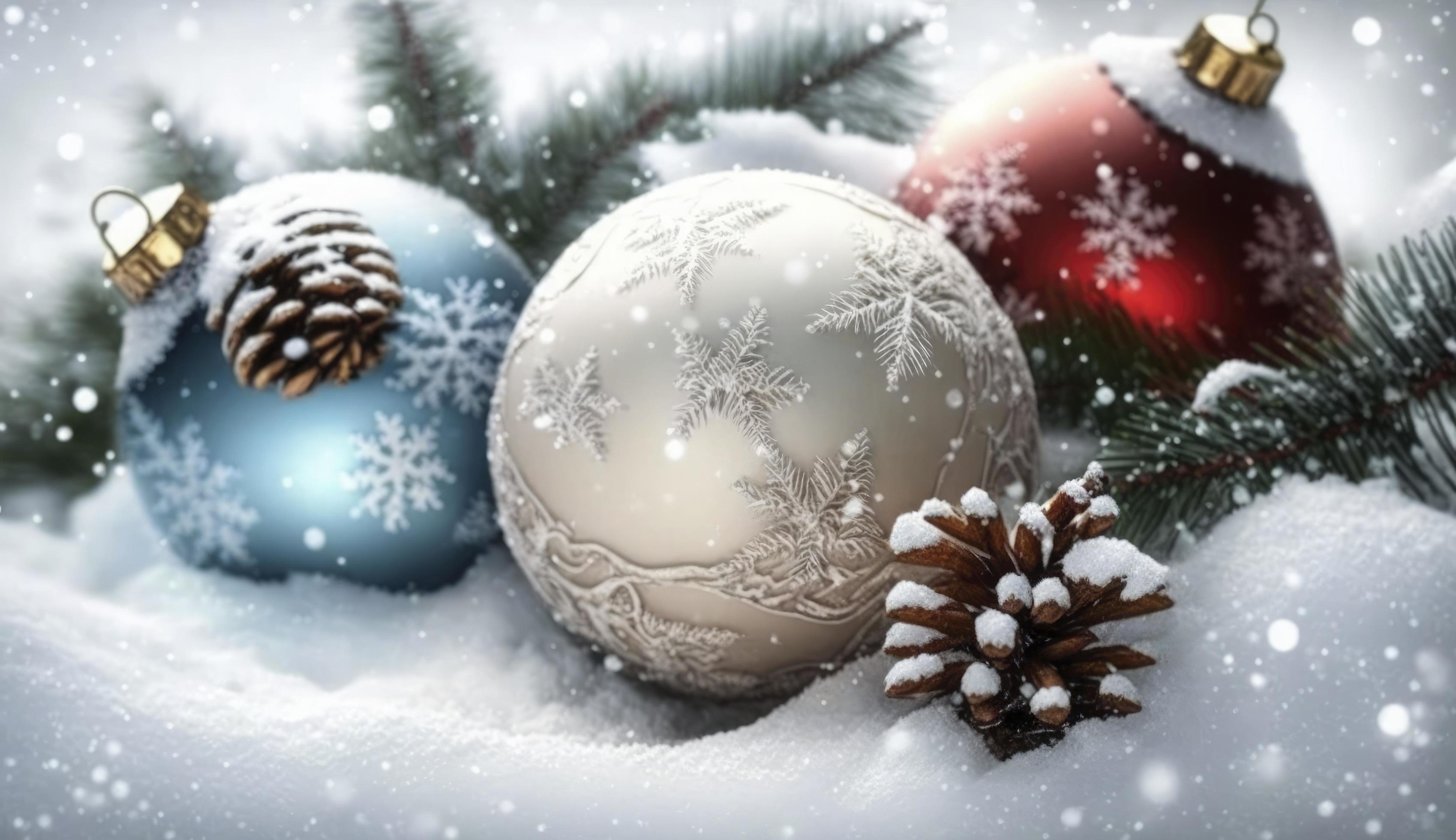 Merry Christmas – Baubles On Snow With Fir Branches, Christmas, Backgrounds, Snow, Christmas Ornament, Holiday – Event, Generate Ai Stock Free