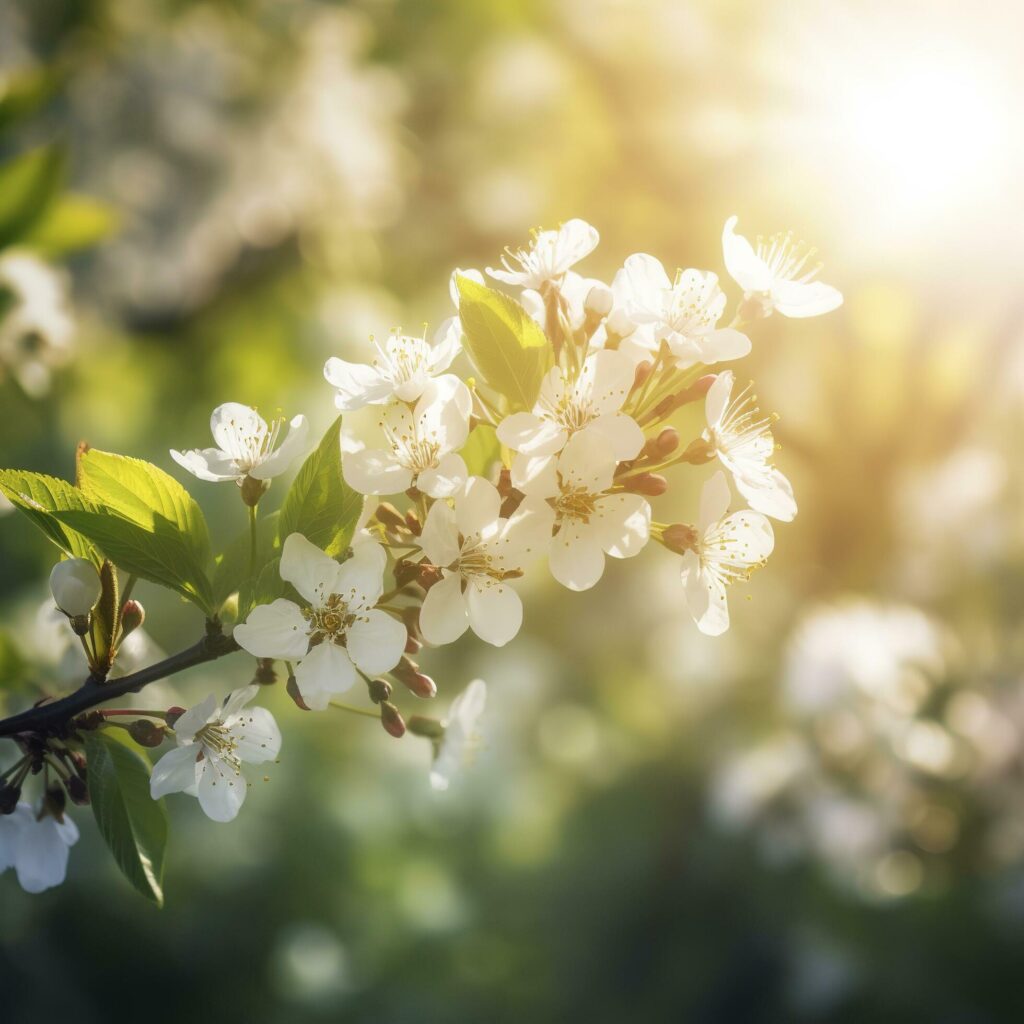 Spring blossom background. Beautiful nature scene with blooming tree and sun flare , generat ai Stock Free