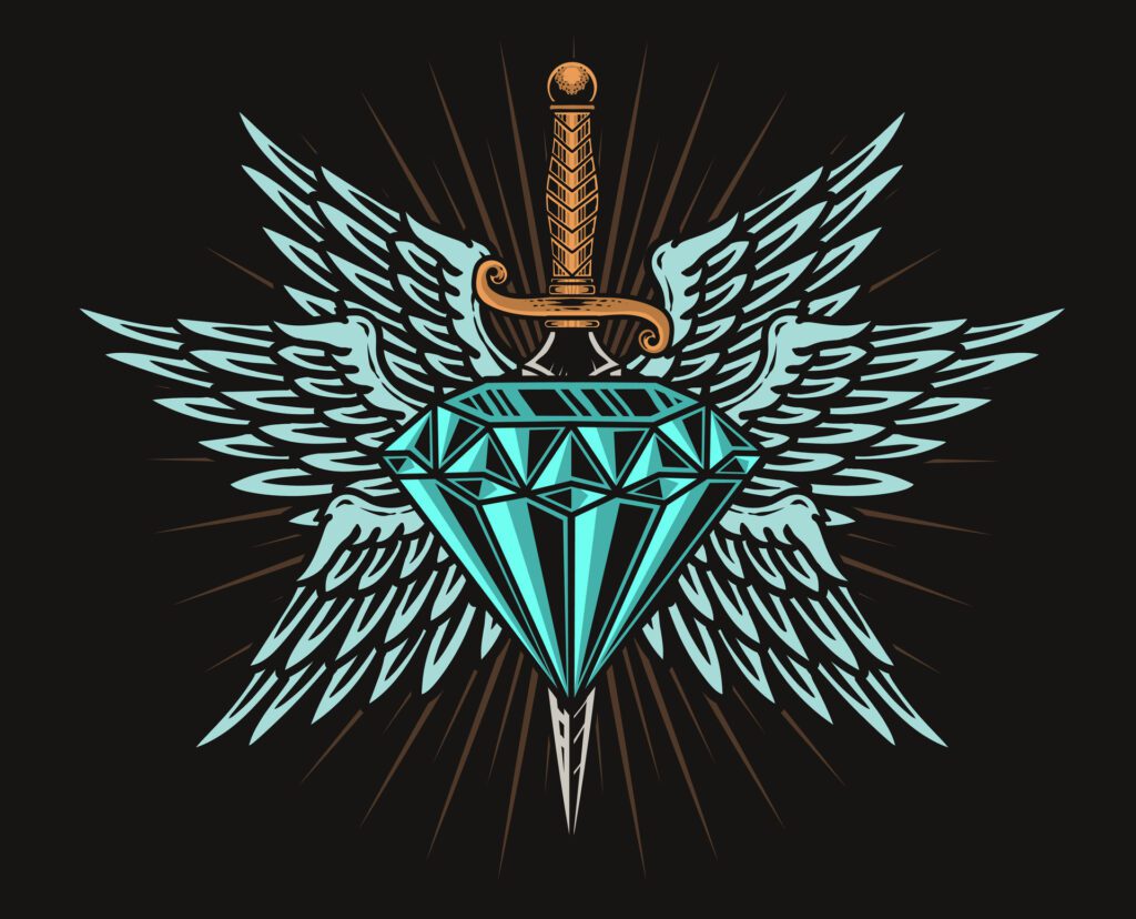 Illustration diamond with wings and knife on black background Free Vector