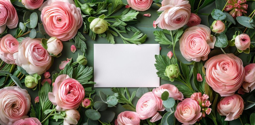 Pink and White Ranunculus Flowers Surrounding a Blank White Card on a Dark Background Stock Free