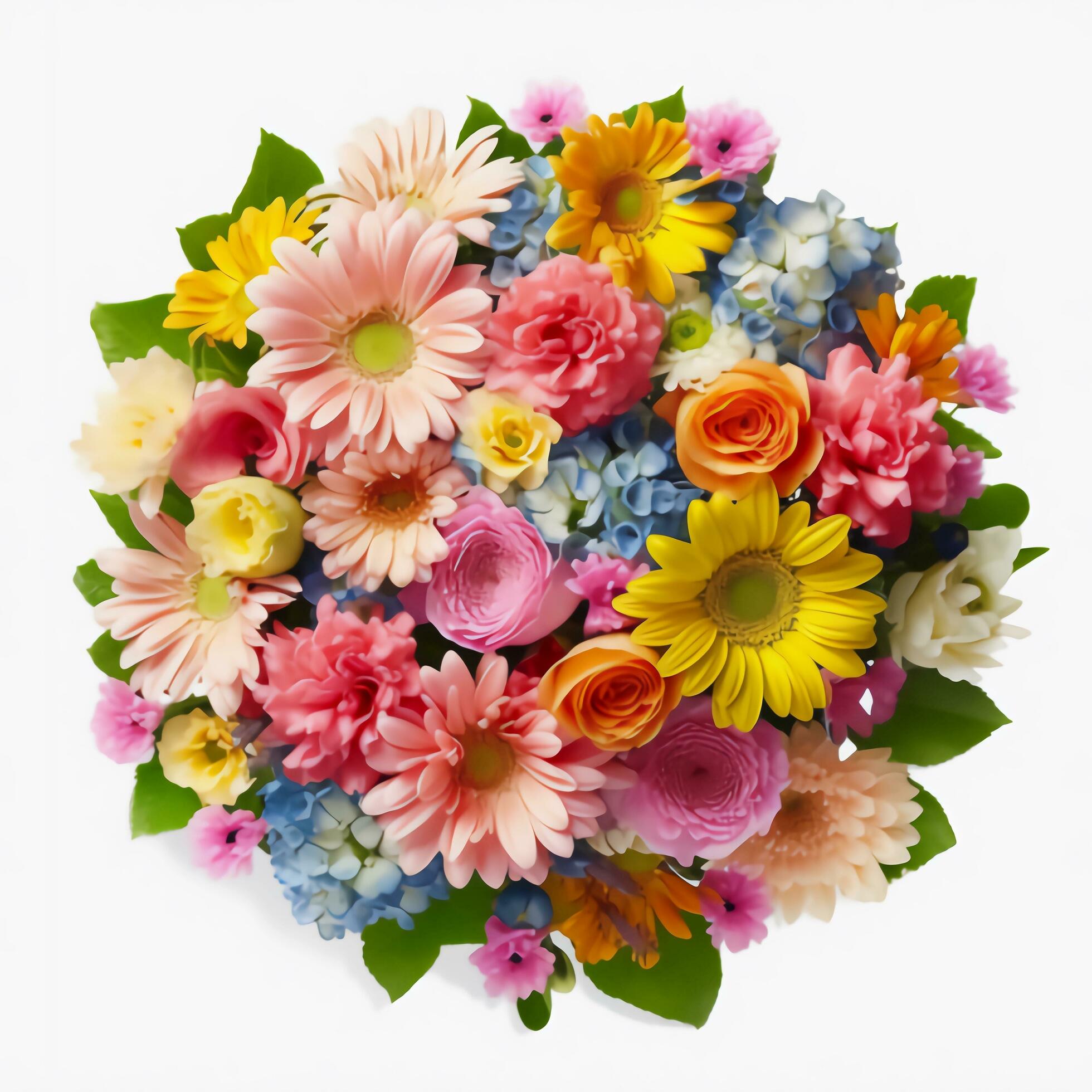 A top view of a bouquet of various colorful flowers. Isolated white background. AI Generated. Stock Free