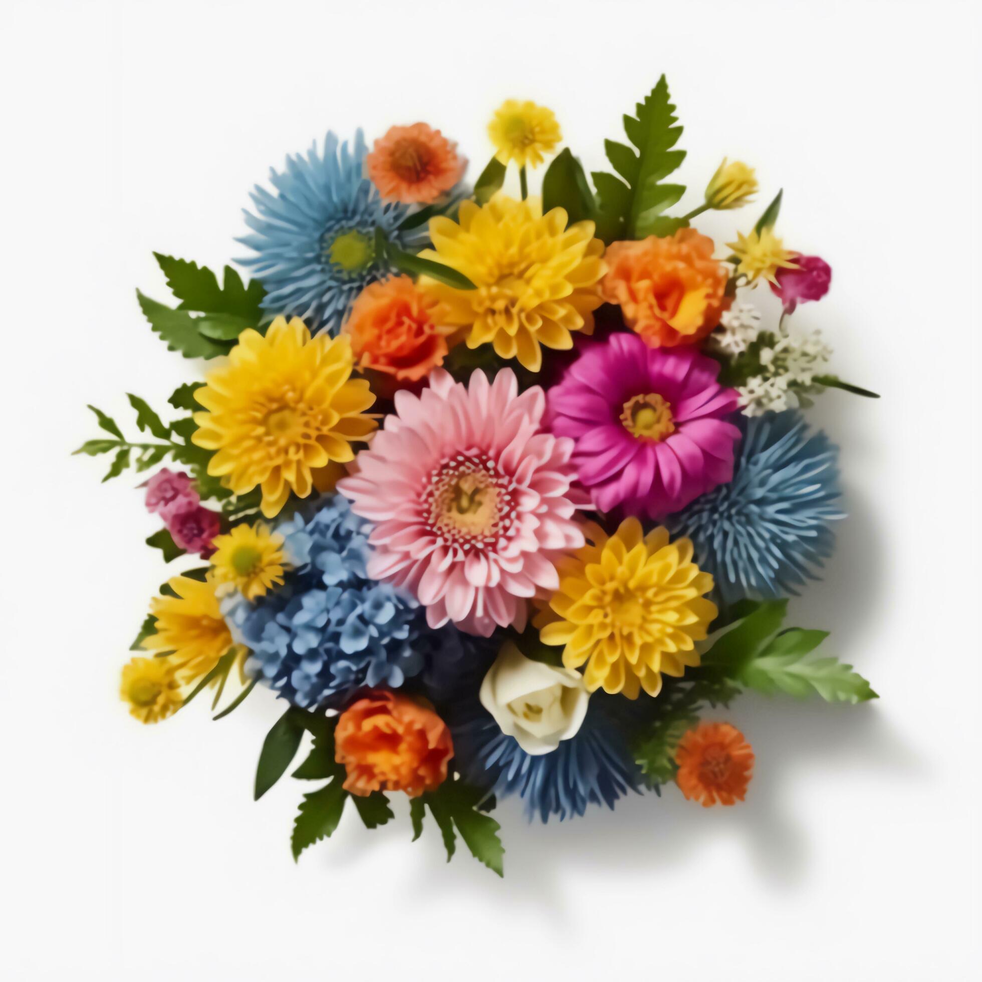 A top view of a bouquet of various colorful flowers. Isolated white background. AI Generated. Stock Free