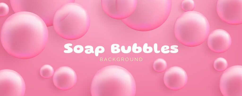 Realistic soap bubbles. Cute bubble gum banner. Transparent bubbles with a glossy pink surface, conveying a clean and airy concept. Not . Free Vector