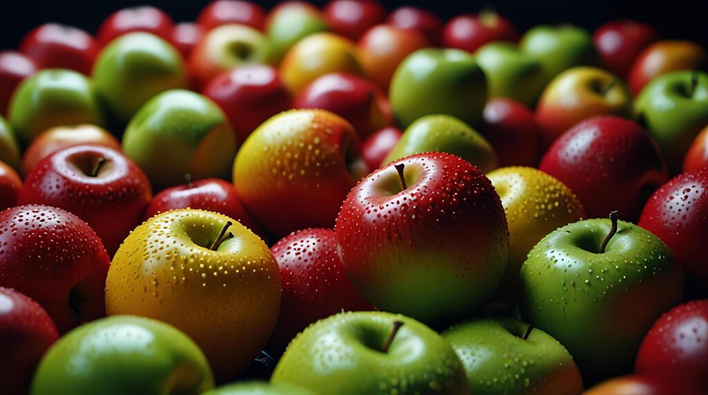 fake plastic apples, synthetically engineered in labs rather than grown from nature’s seeds background illustration. – Stock Free