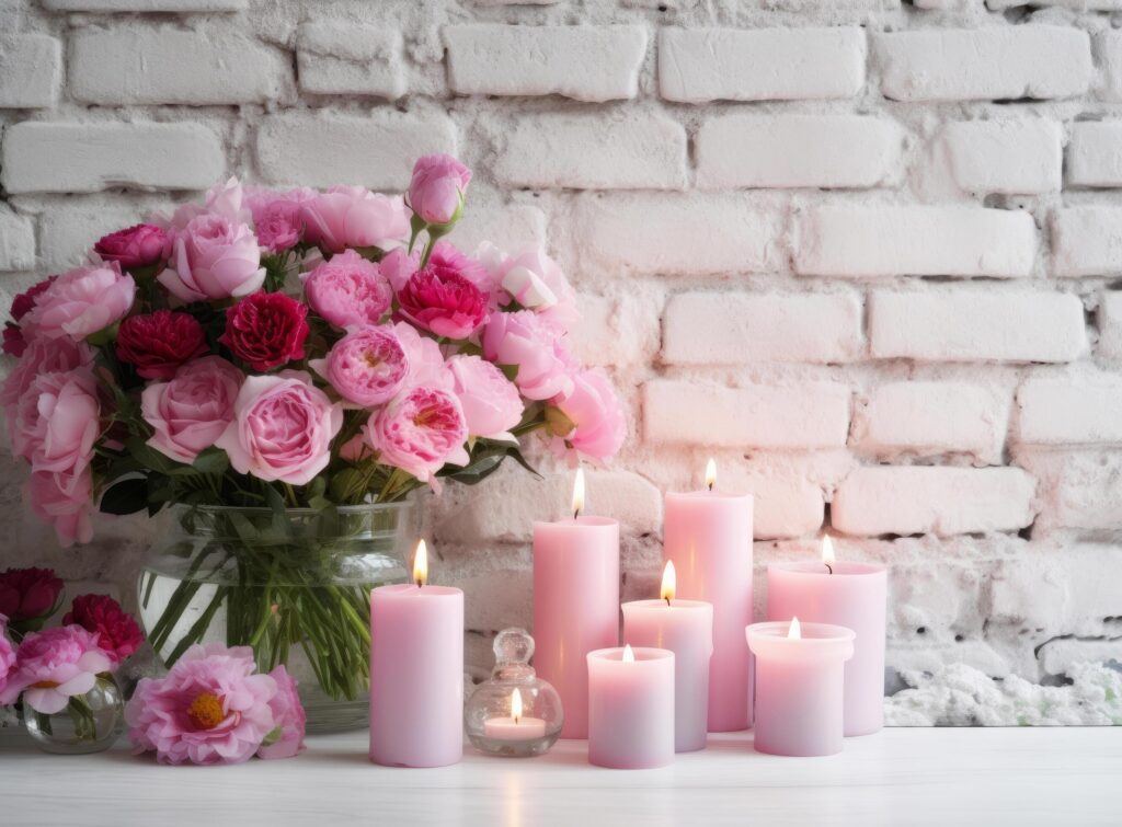 Pink flowers with candles. Illustration Stock Free