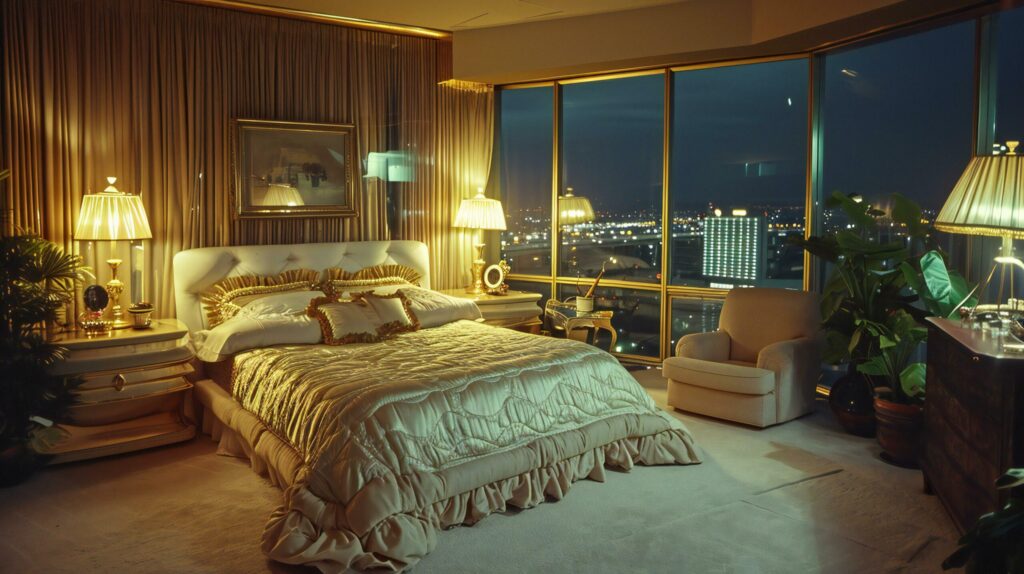 Luxurious Golden Decor in a City View Bedroom Free Photo