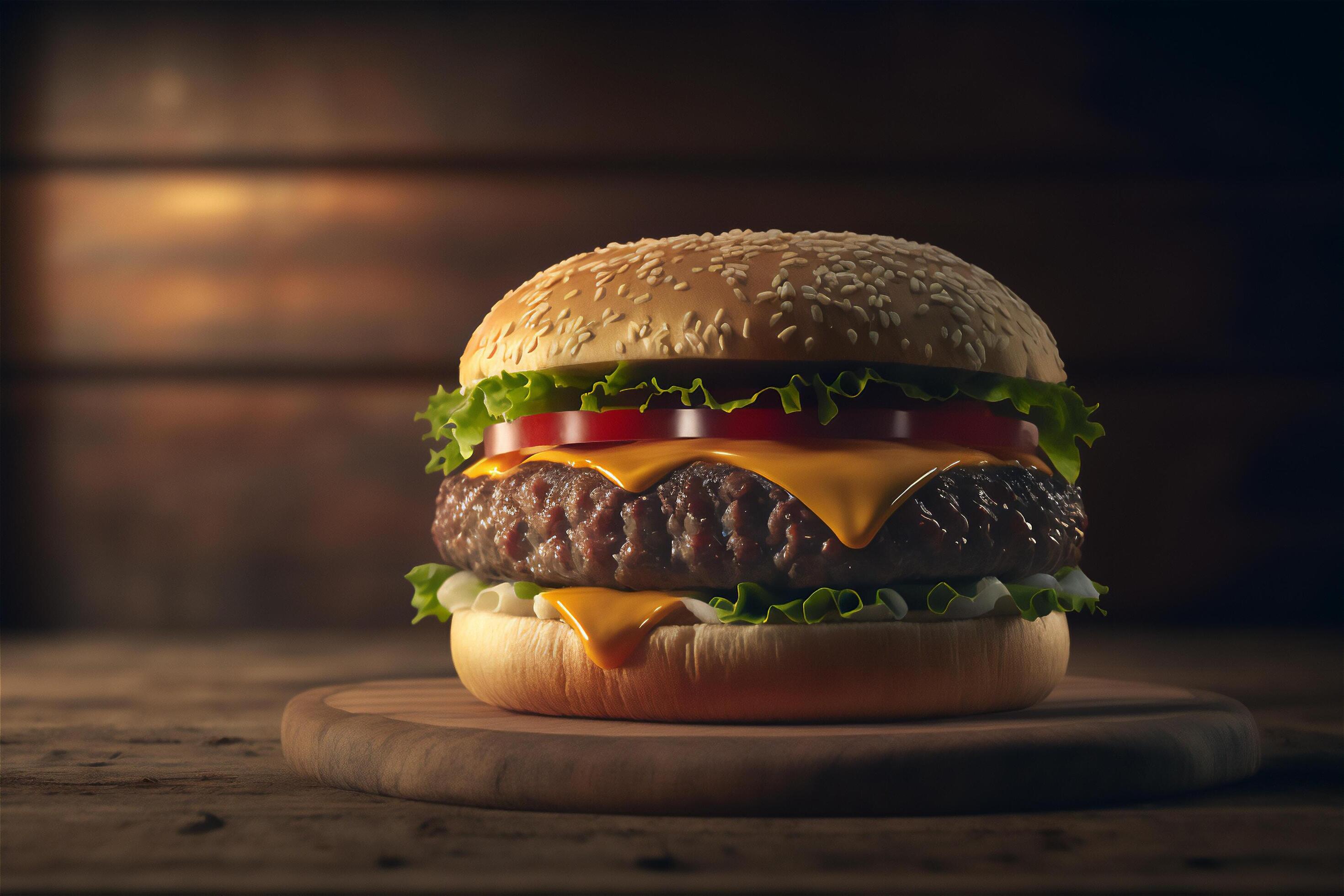 Tasty homemade hamburger on rustic wooden table. Copy space. Advertising. . Fast food snack Stock Free