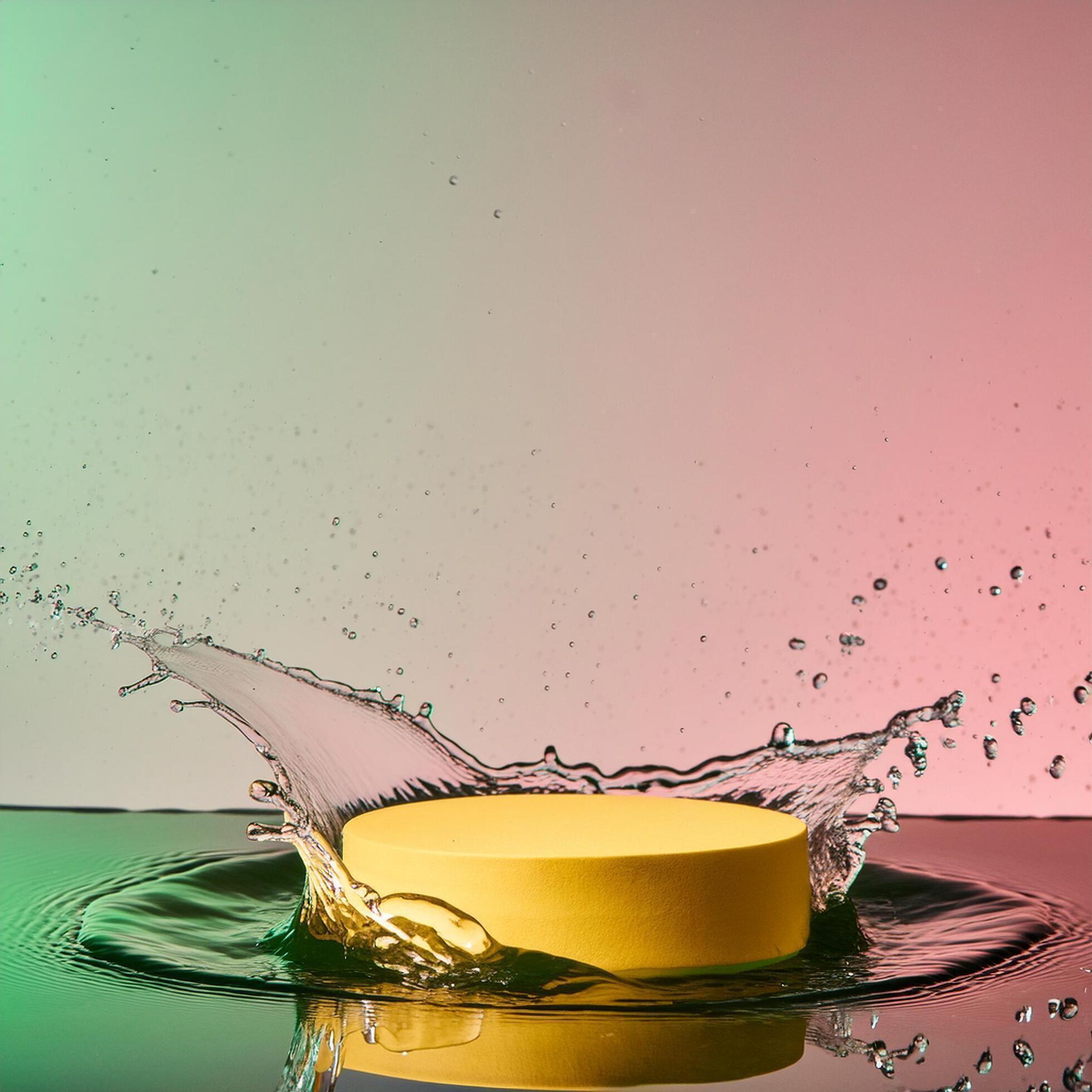 empty yellow podium mockup with water splash on a gradient background for product display Stock Free