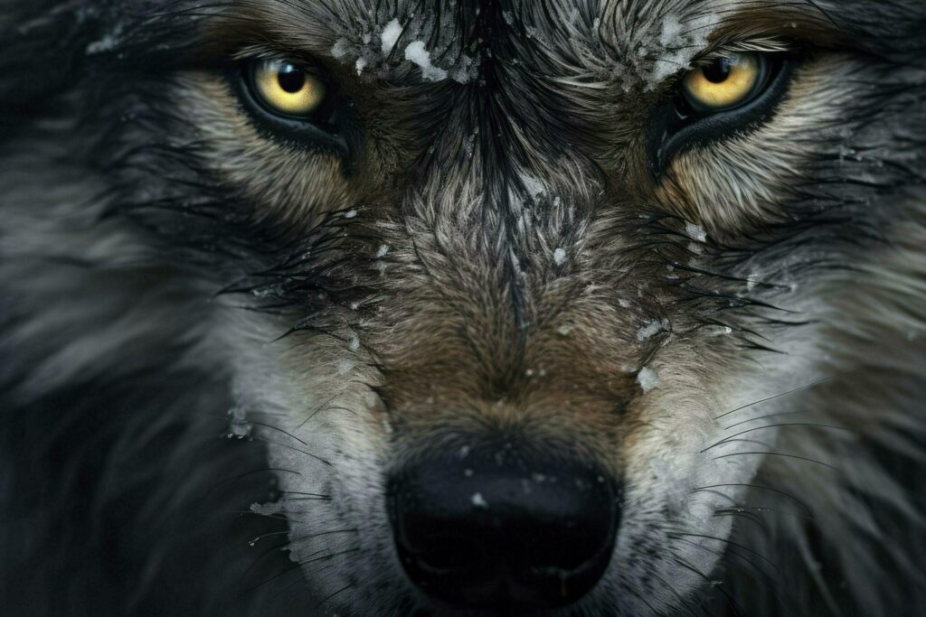 
									Banner with close-up portrait of a gray wolf with brown eyes and nose Free Photo