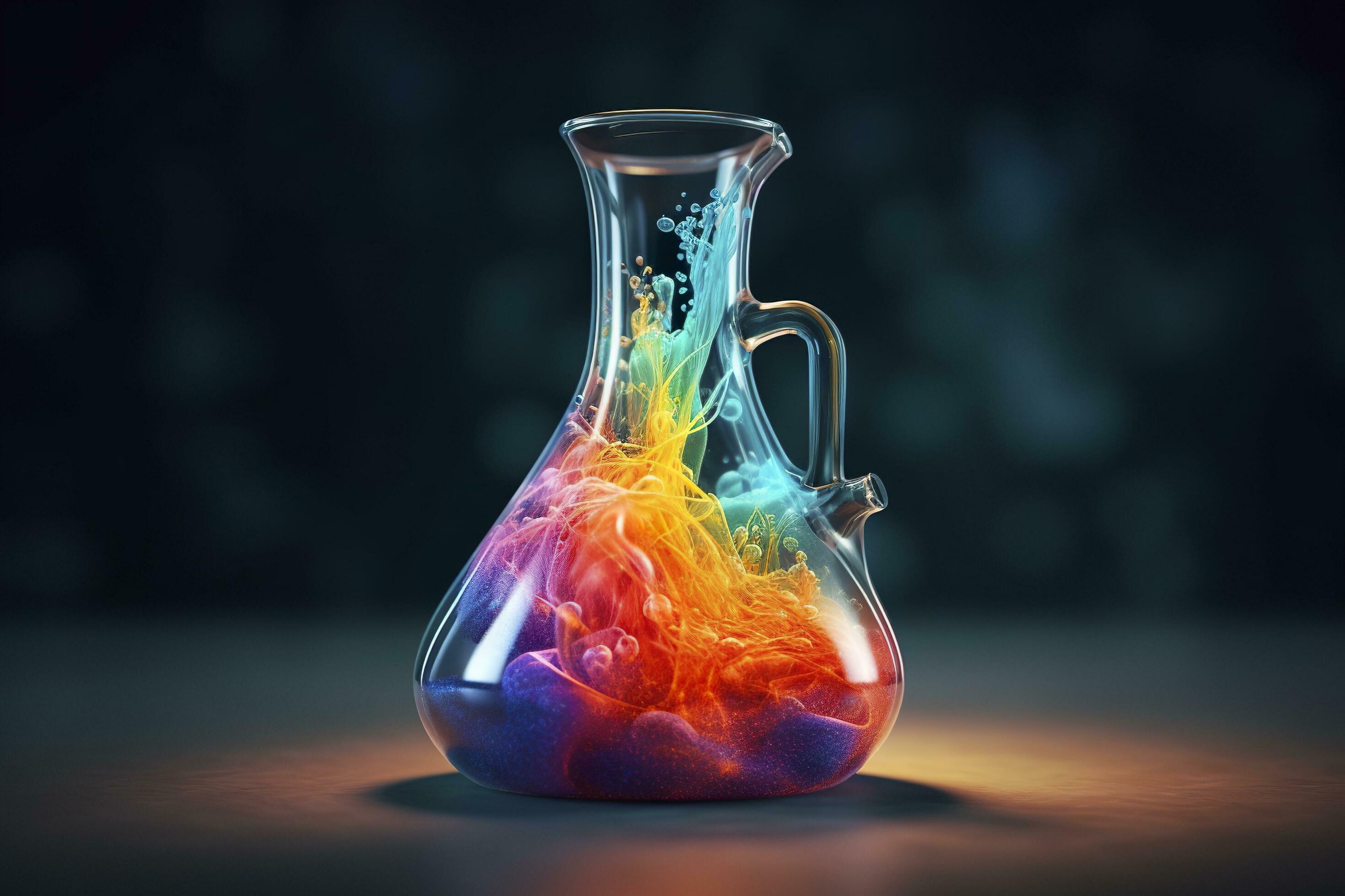 Close Up of a Science Beaker Filled with Multi Colored Liquids. AI Generative Stock Free