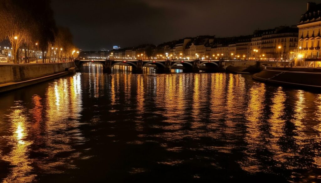 Illuminated bridge reflects city skyline at dusk generated by AI Stock Free