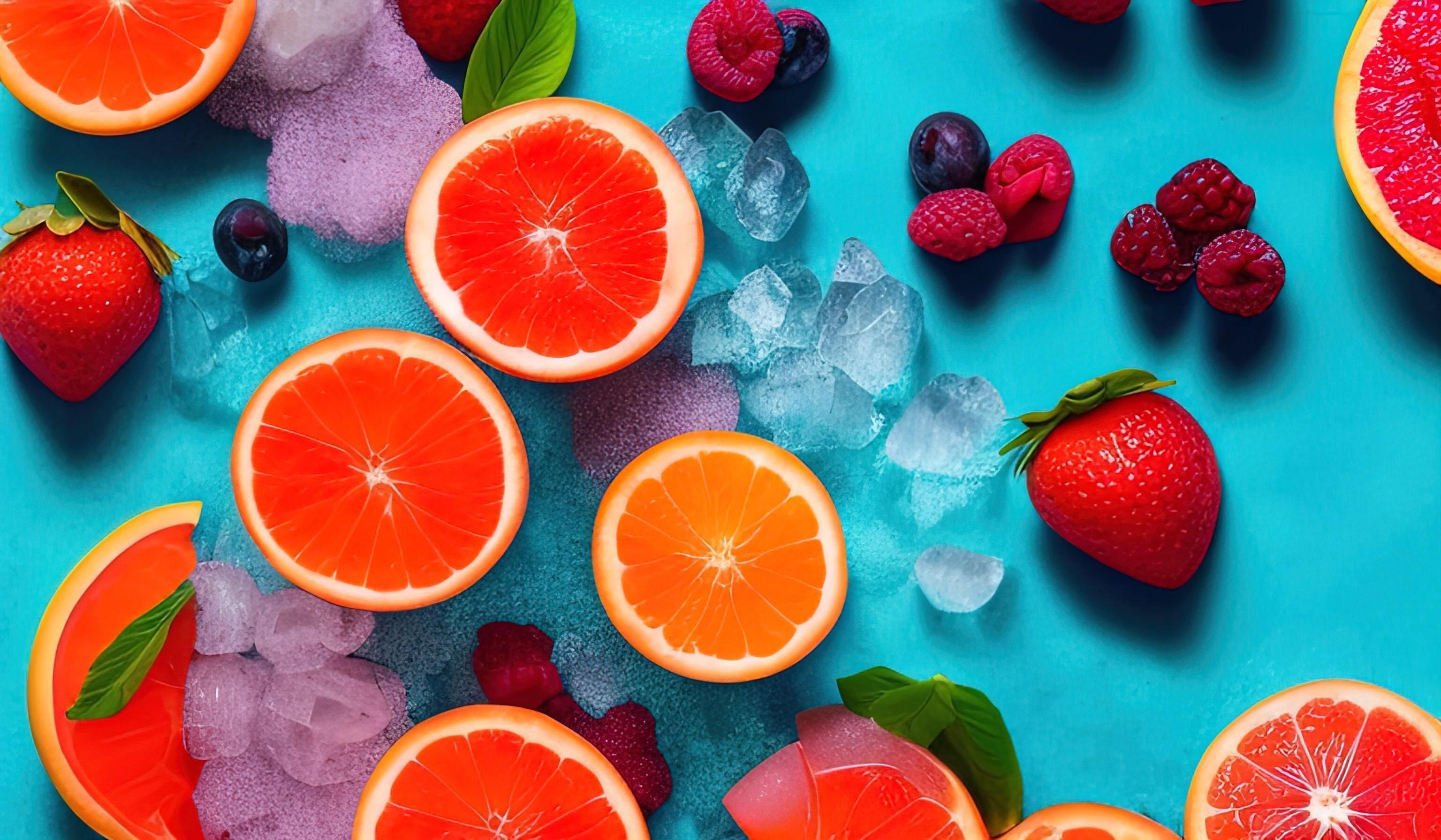 professional food photography closeup of Tropical fruit summer coctail with red grapefruit, berries and ice on blue background Stock Free