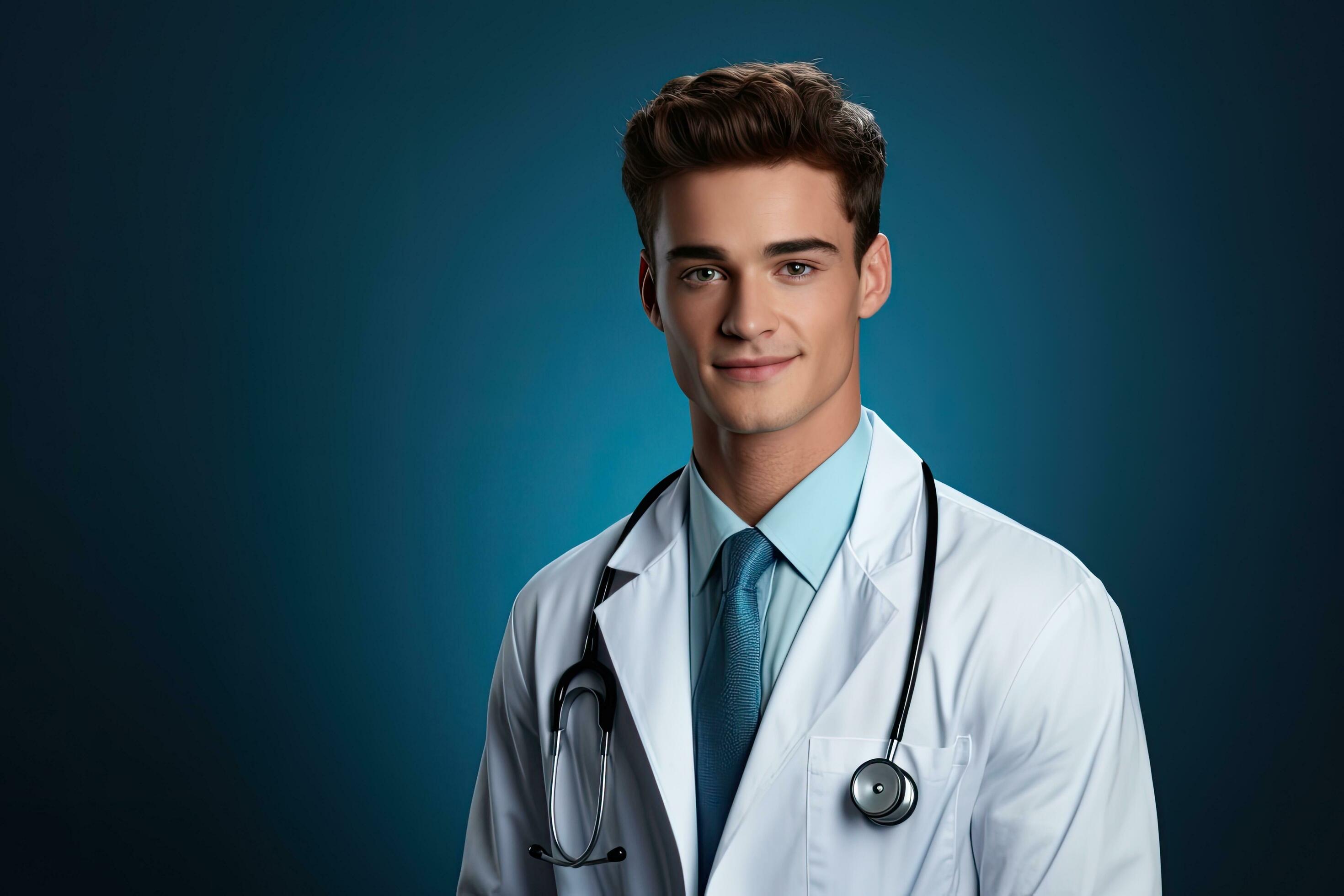 Portrait of a young male doctor with stethoscope over blue background, Portrait of confident young medical doctor on blue background, AI Generated Stock Free