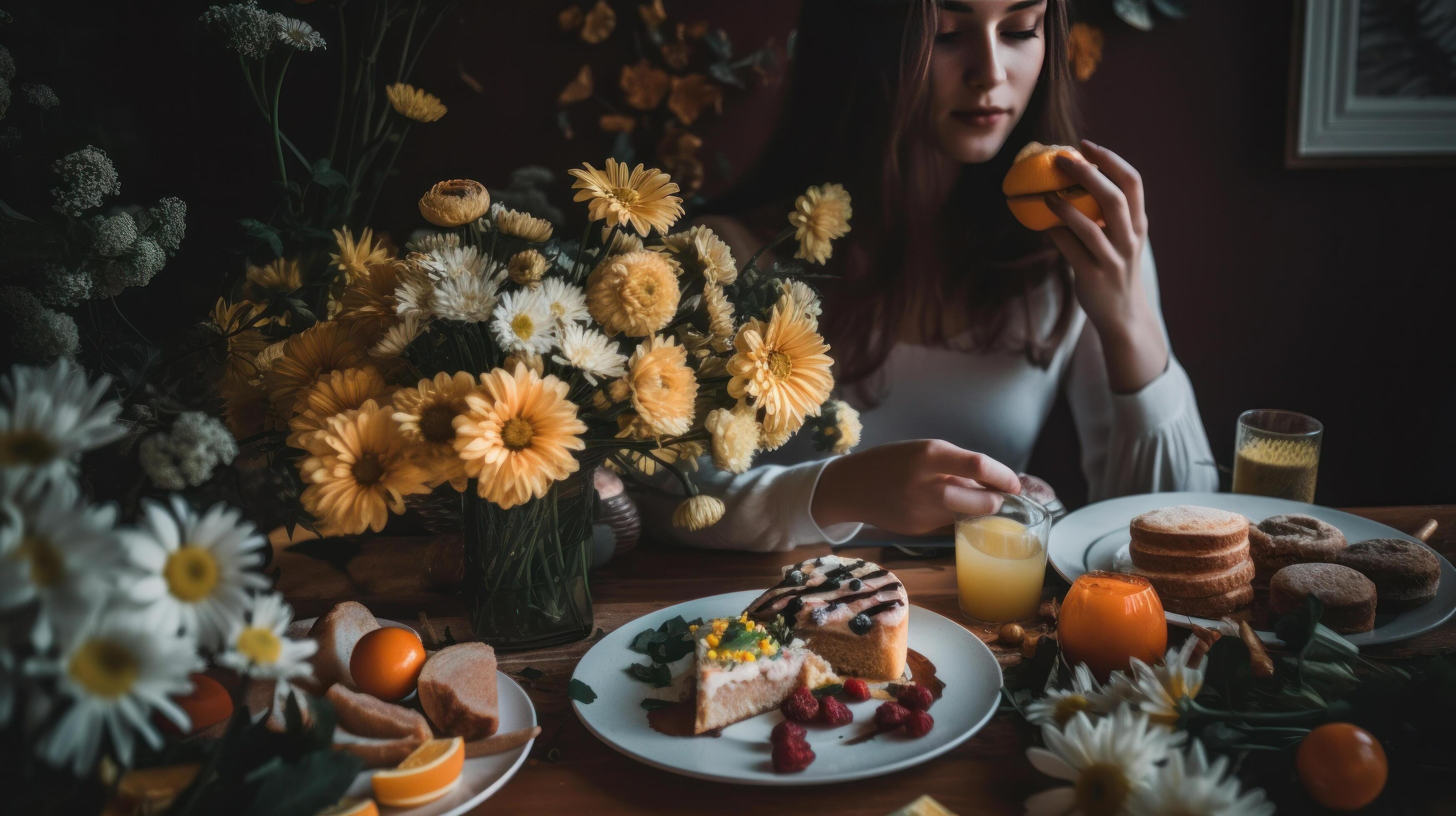 Woman sitting with flower bouquet by food on dining table Illustration Stock Free