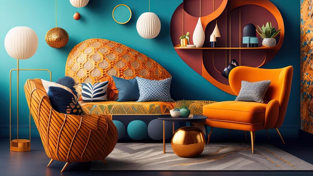 Interior of modern living room with orange armchair. Stock Free