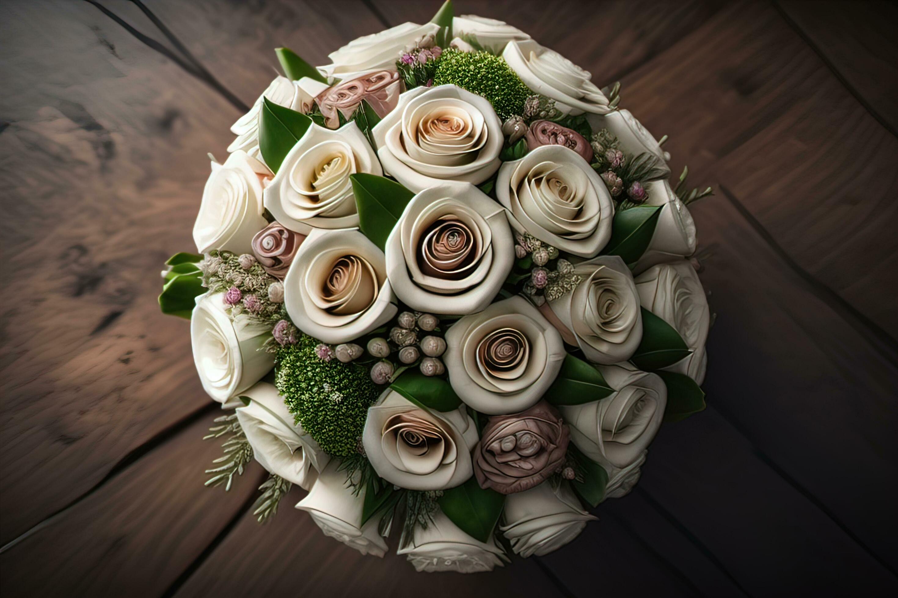 Beautiful bridal bouquet of different flowers on a dark background. ai generative Stock Free