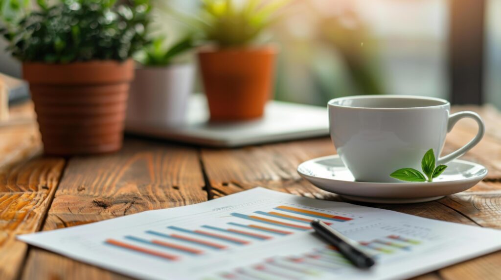 A white coffee cup on a wooden desk beside business charts and potted plants, symbolizing a productive work environment. Stock Free