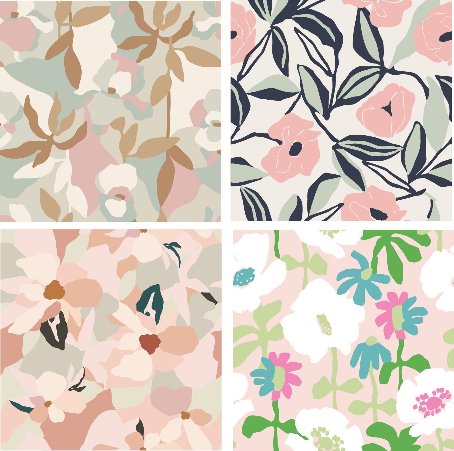 Vector flower illustration seamless repeat pattern 4 designs set Free Vector