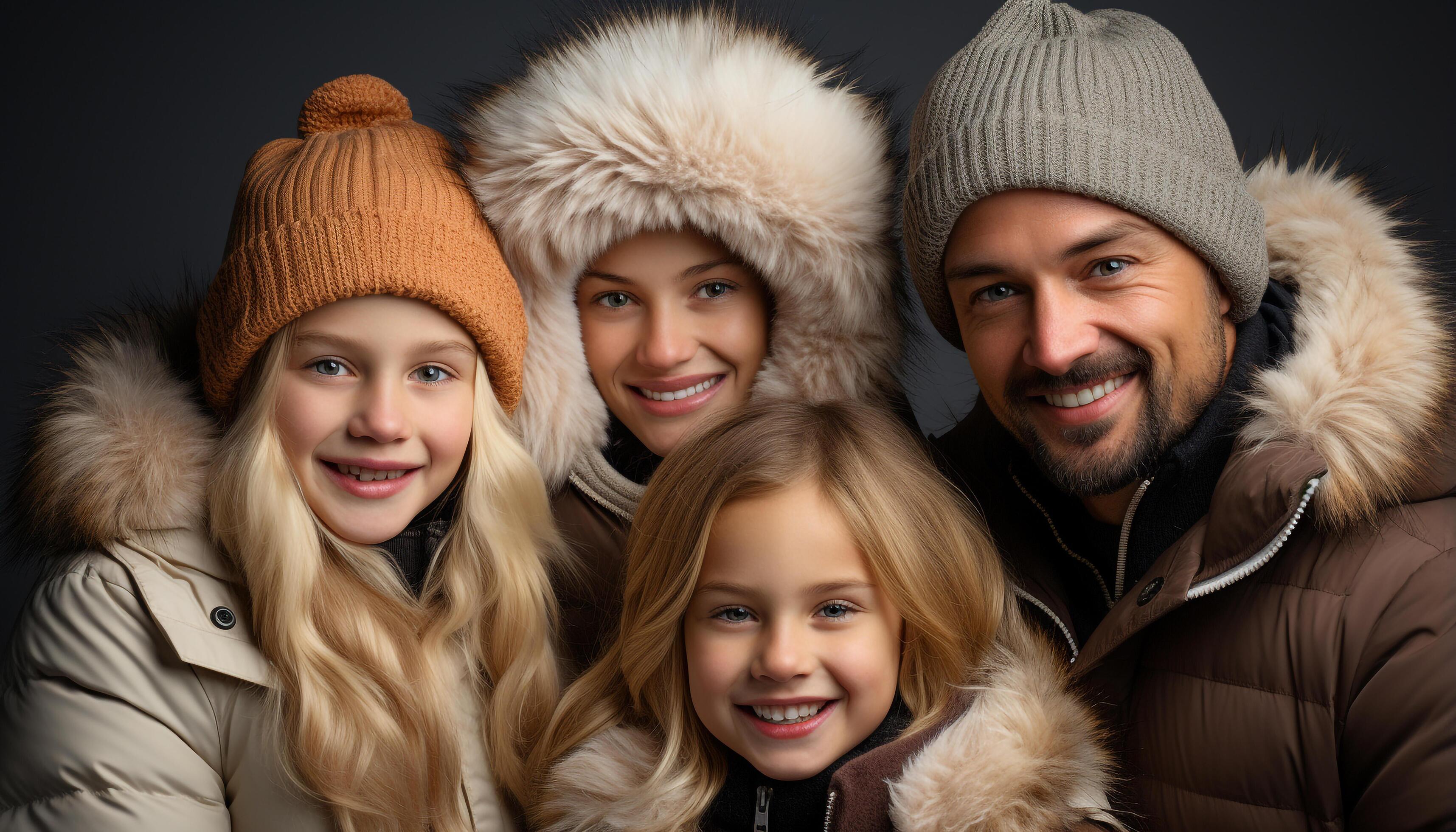 AI generated Smiling family embraces winter, radiating love and happiness together generated by AI Stock Free