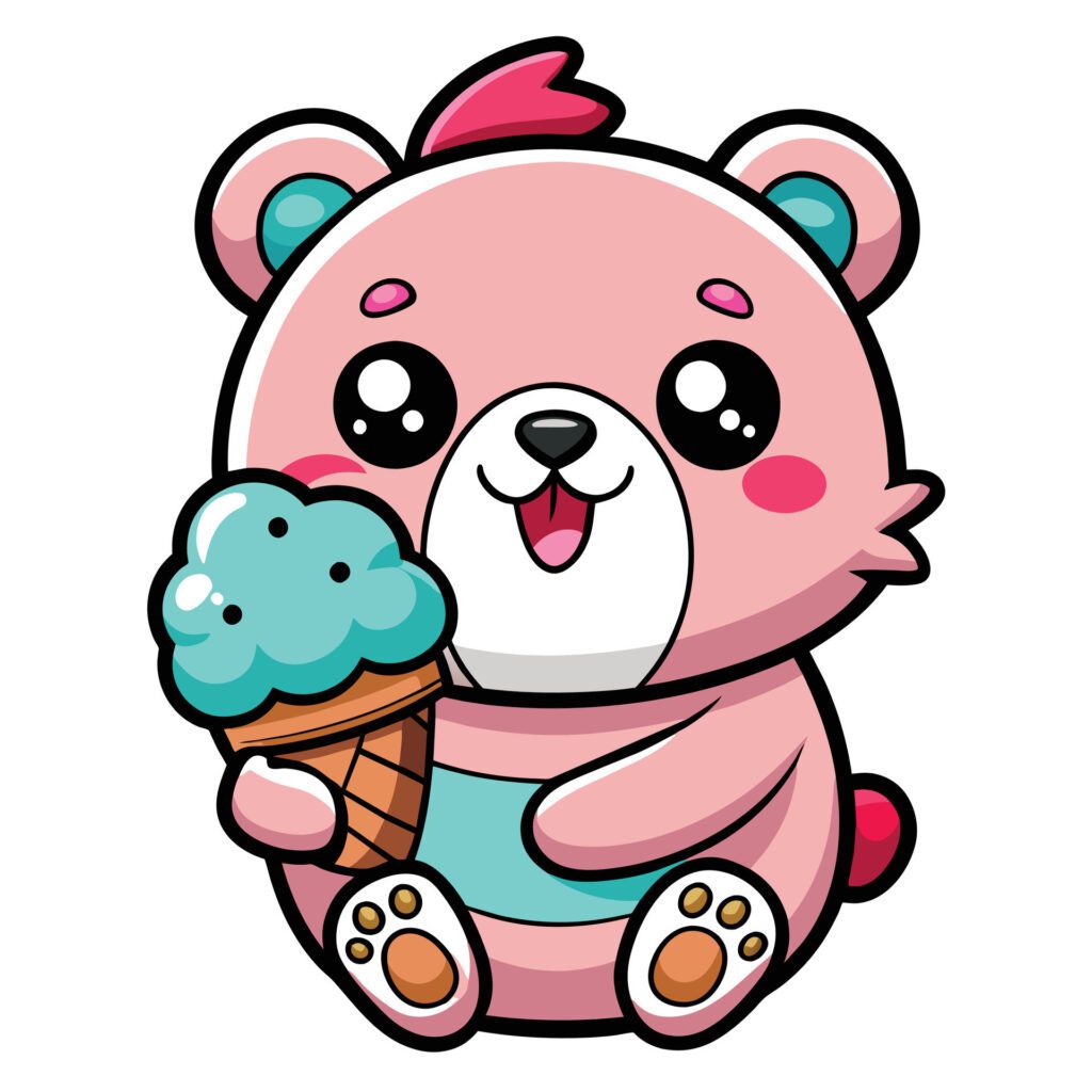 a cute kawaii bear eating ice cream, with clean black outlines, white background Free Vector