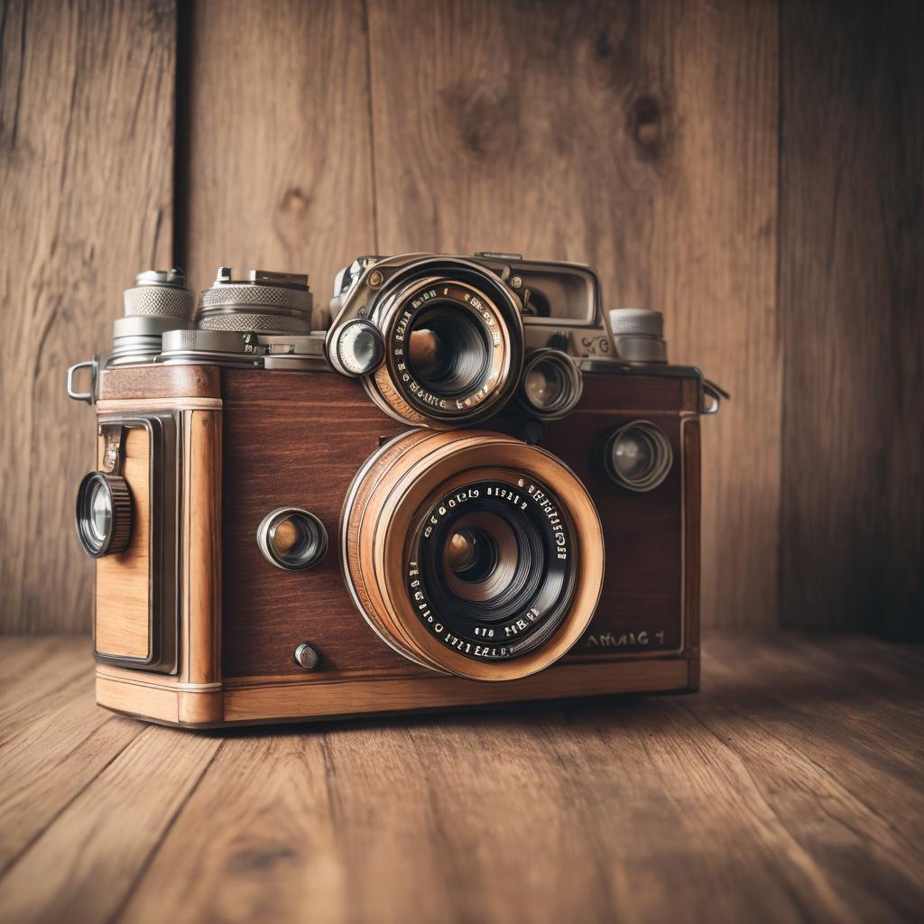 Vintage camera, wooden finish, by @ai_generated