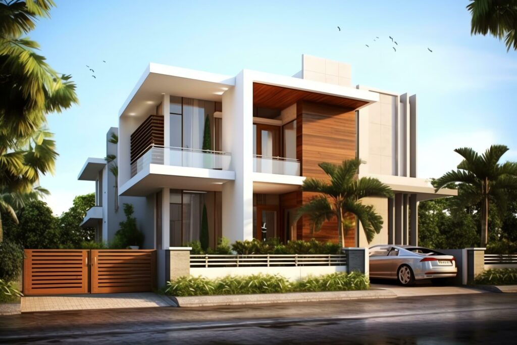 Beautiful modern house exterior with carport. Modern residential district and minimalist building concept by AI Generated Stock Free