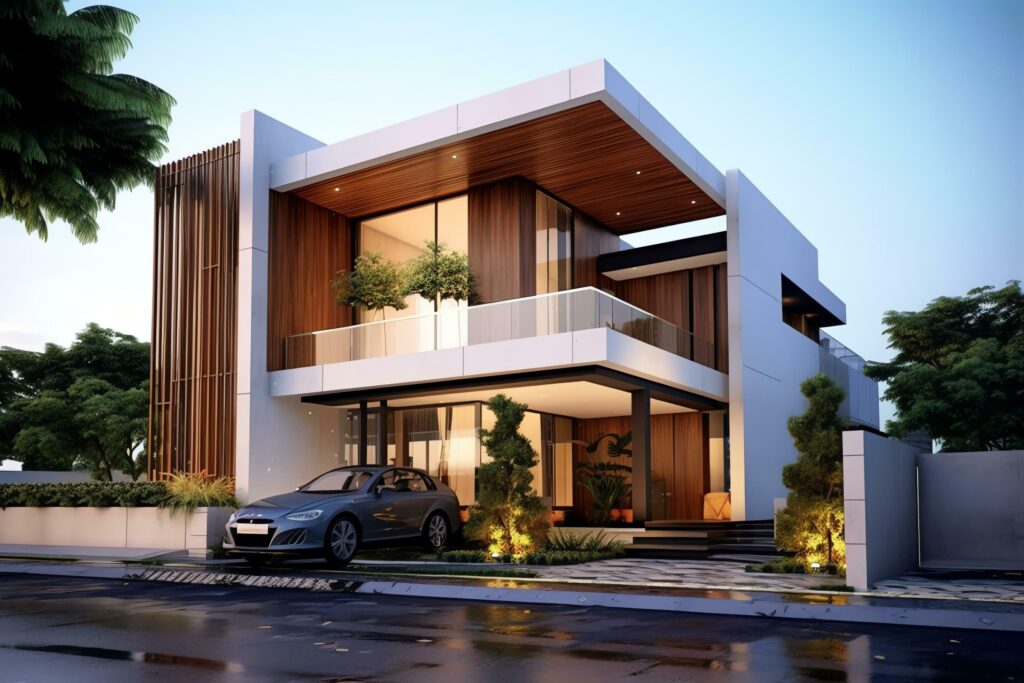 Beautiful modern house exterior with carport. Modern residential district and minimalist building concept by AI Generated Stock Free