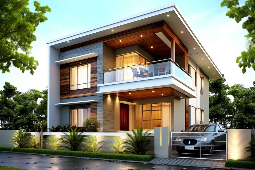 Beautiful modern house exterior with carport. Modern residential district and minimalist building concept by AI Generated Stock Free