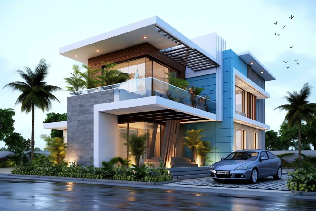 Beautiful modern house exterior with carport. Modern residential district and minimalist building concept by AI Generated Stock Free