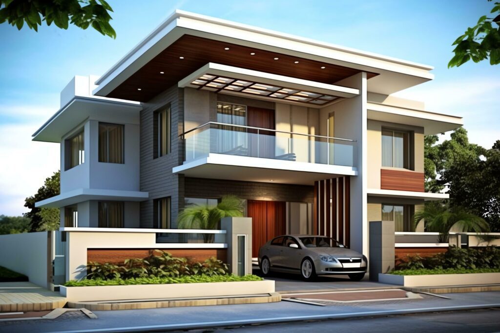 Beautiful modern house exterior with carport. Modern residential district and minimalist building concept by AI Generated Stock Free