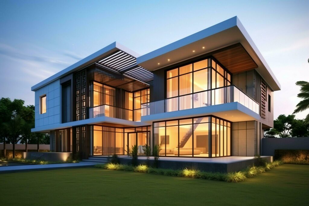 Beautiful modern house exterior with grass. field Modern residential district and minimalist building concept by AI Generated Stock Free